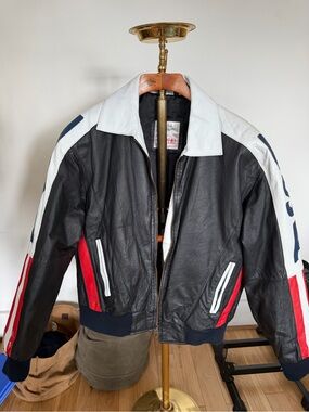 Men's USA Leather Bomber Jacket with White & Red Accents